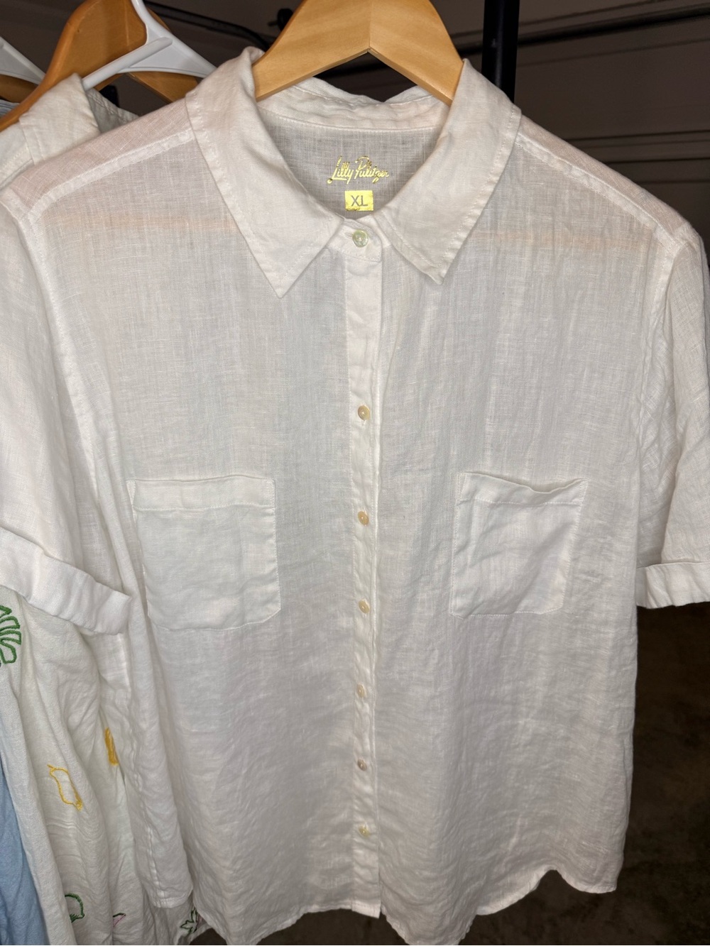 Lilly Pulitzer White Linen Short Sleeve Button Down Shirt Lynnie XL Pocket
